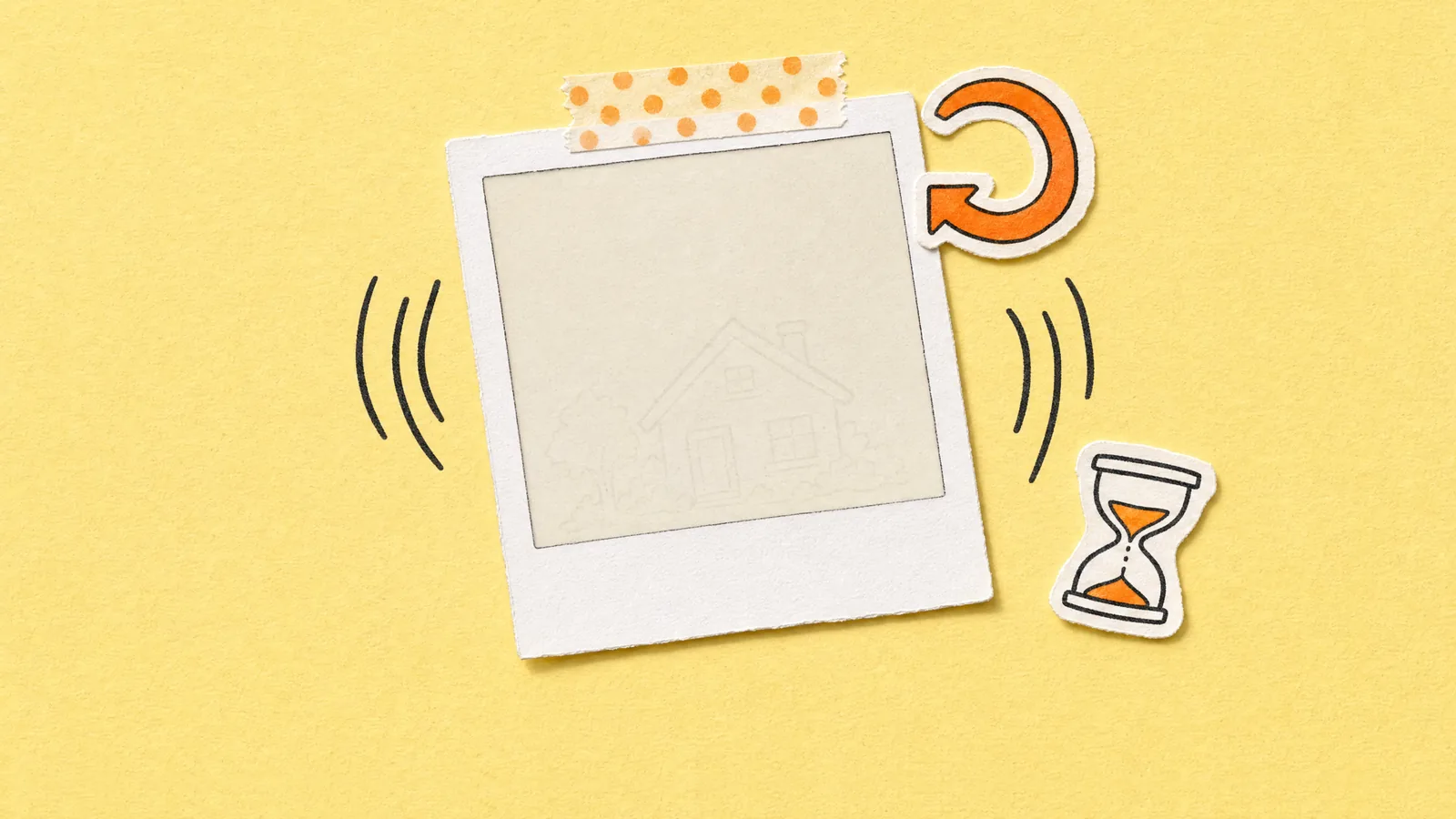 A blank, undeveloped polaroid taped to yellow paper, with shake lines, a faint ghost of a house inside, an orange reload arrow and an hourglass sticker.