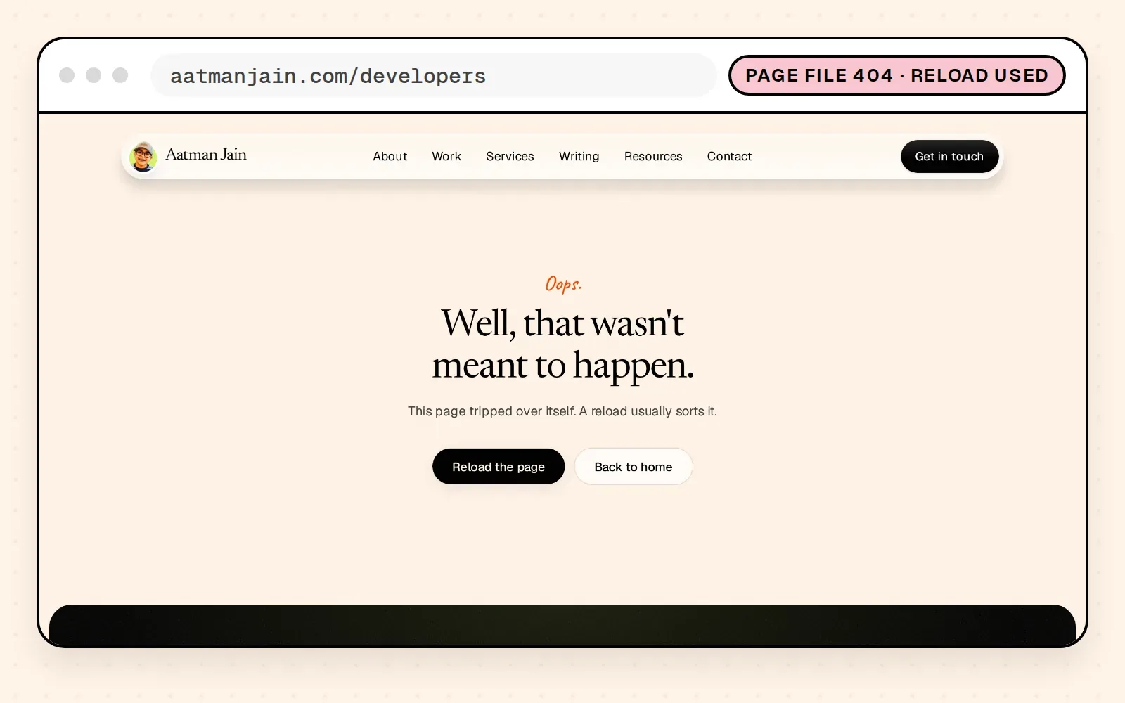 My live site with a page's code file blocked. Header and footer intact, and a message: Well, that wasn't meant to happen, with Reload the page and Back to home buttons