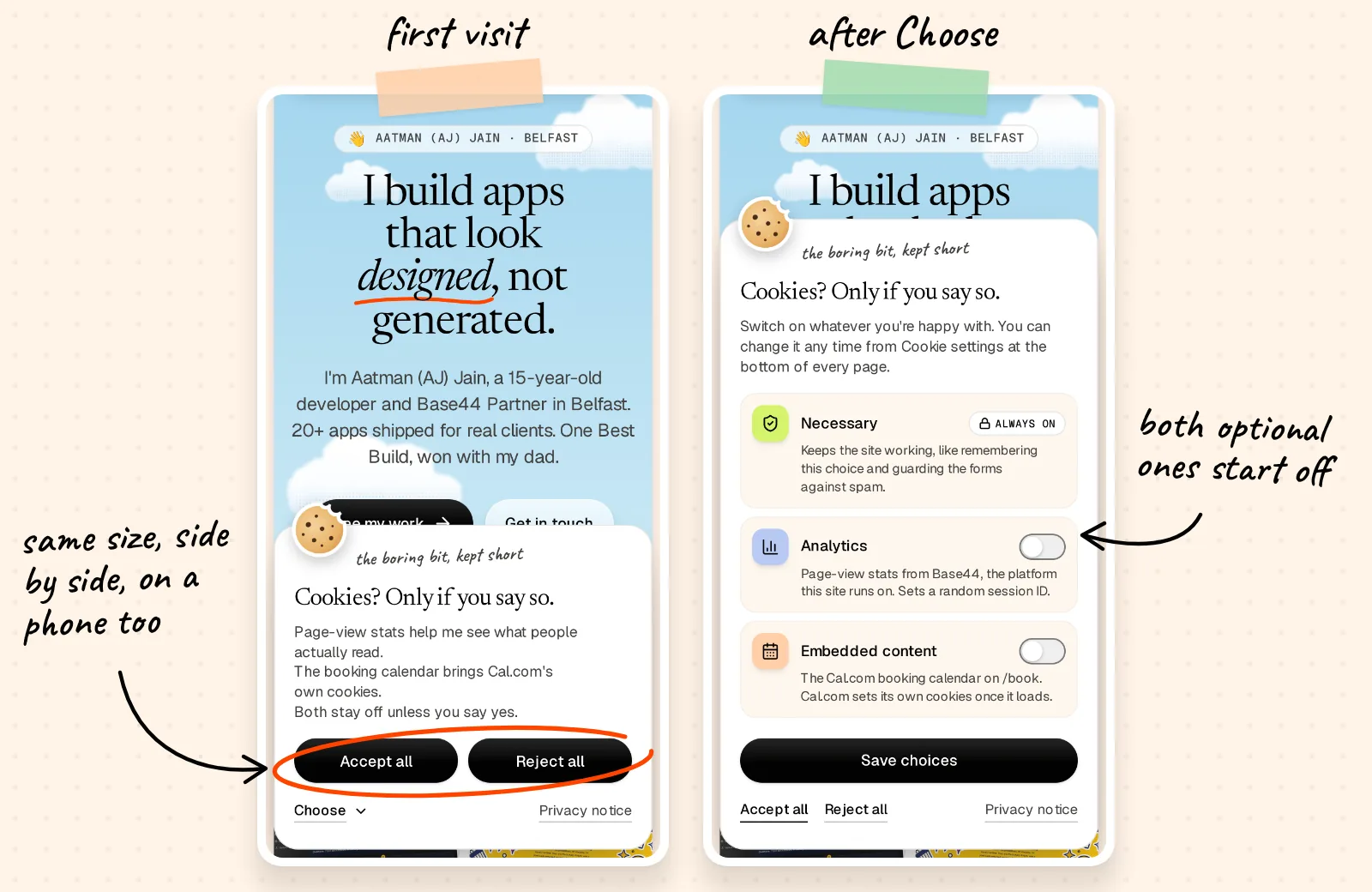 Two phone screenshots. Left, the cookie card on a first visit with equal Accept all and Reject all buttons. Right, the Choose panel with Analytics and Embedded content both off.