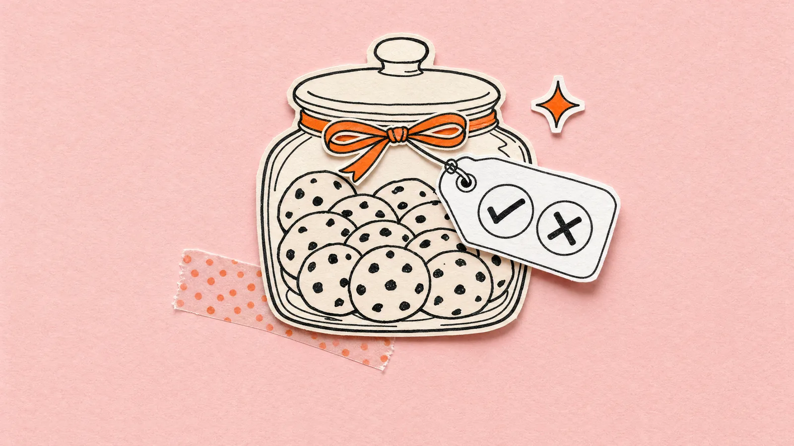 A glass jar of chocolate chip cookies tied shut with an orange ribbon on pink paper, its gift tag showing a tick and a cross sticker of equal size.