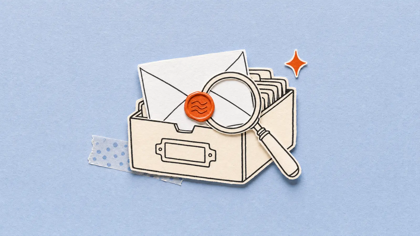 A white envelope with a papaya orange wax seal slides into a cream card-index box full of blank cards, while a magnifying glass checks the seal, on periwinkle paper.