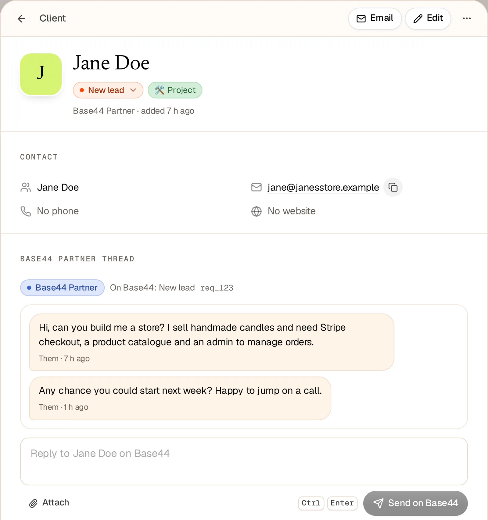 A client sheet for a test lead, Jane Doe, stage New lead, with her Base44 Partner thread and a reply box