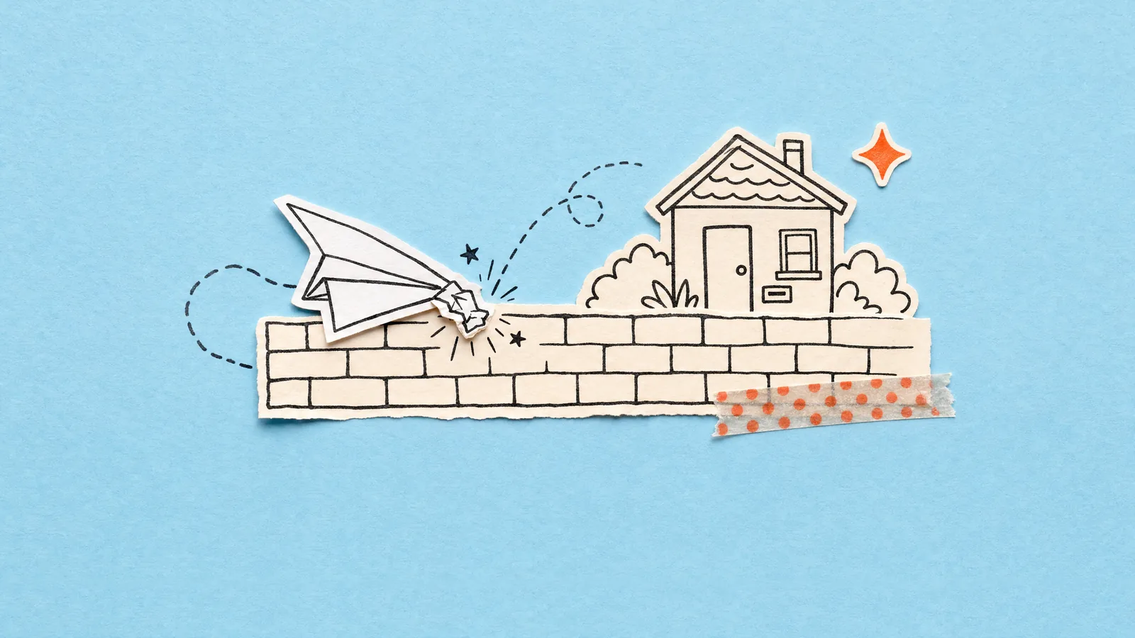 A paper plane with a crumpled nose bounced off a drawn brick wall on sky blue paper, while a small house with a letterbox sits out of reach behind it.
