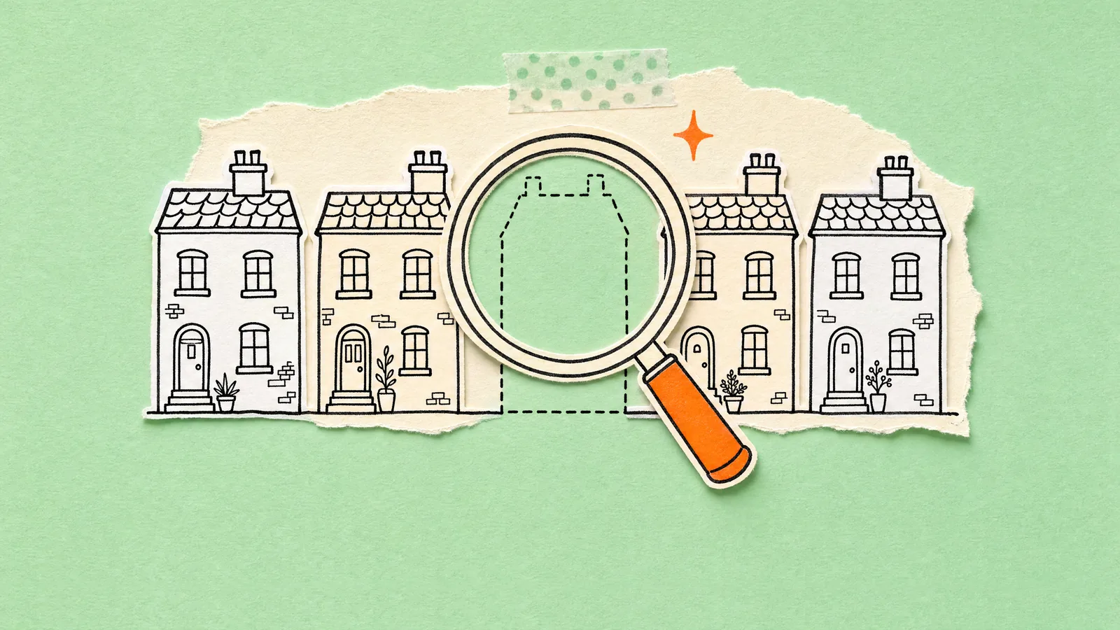 A magnifying glass hovers over a row of drawn terraced houses on mint paper, framing the one house that is only an empty dashed outline.