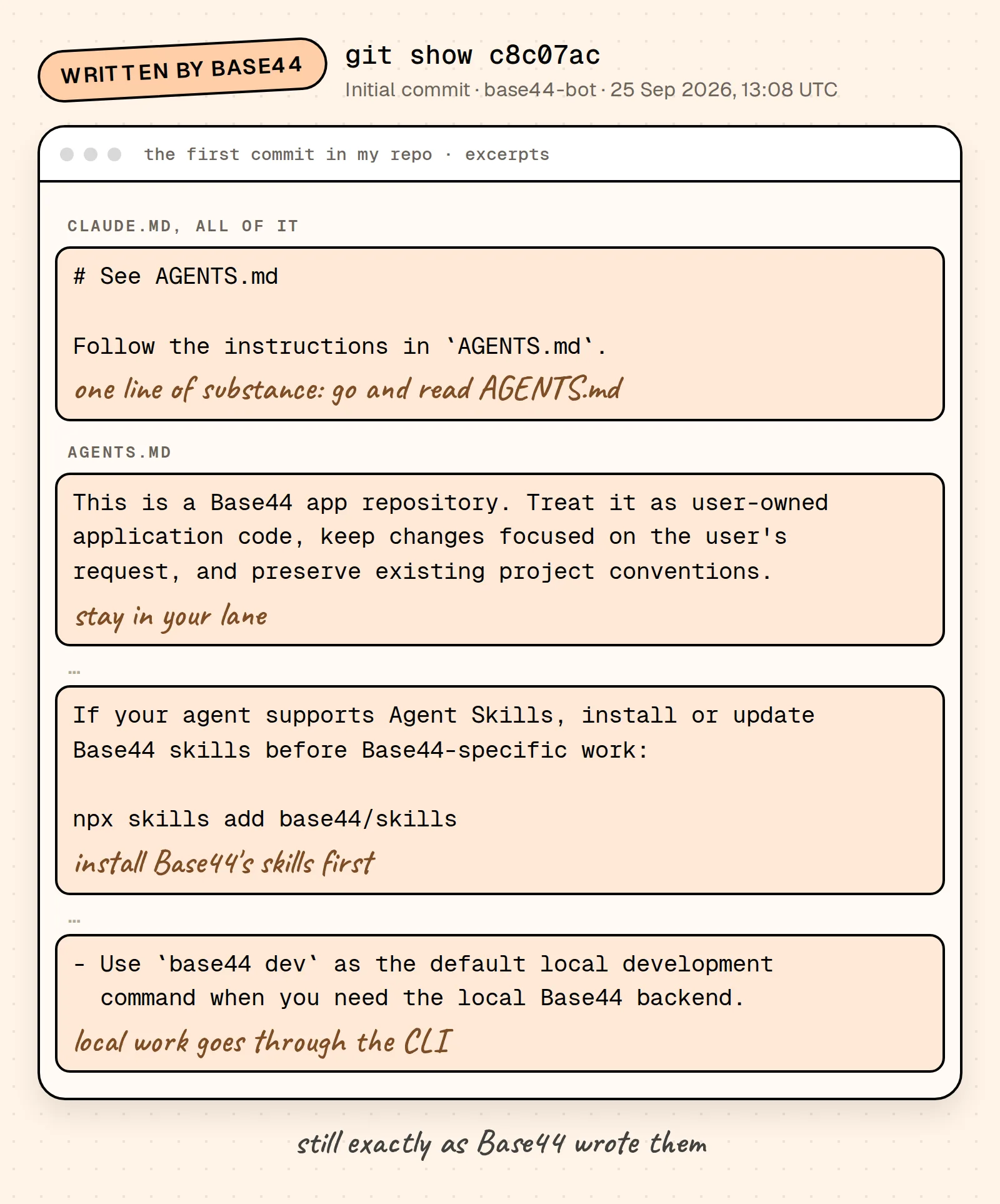 Annotated excerpts of the first commit in my repo, by base44-bot on 25 September 2026. CLAUDE.md in full says to follow the instructions in AGENTS.md. AGENTS.md says to keep changes focused on the user's request, to install Base44 skills with npx skills add base44/skills before Base44-specific work, and to use base44 dev for local development