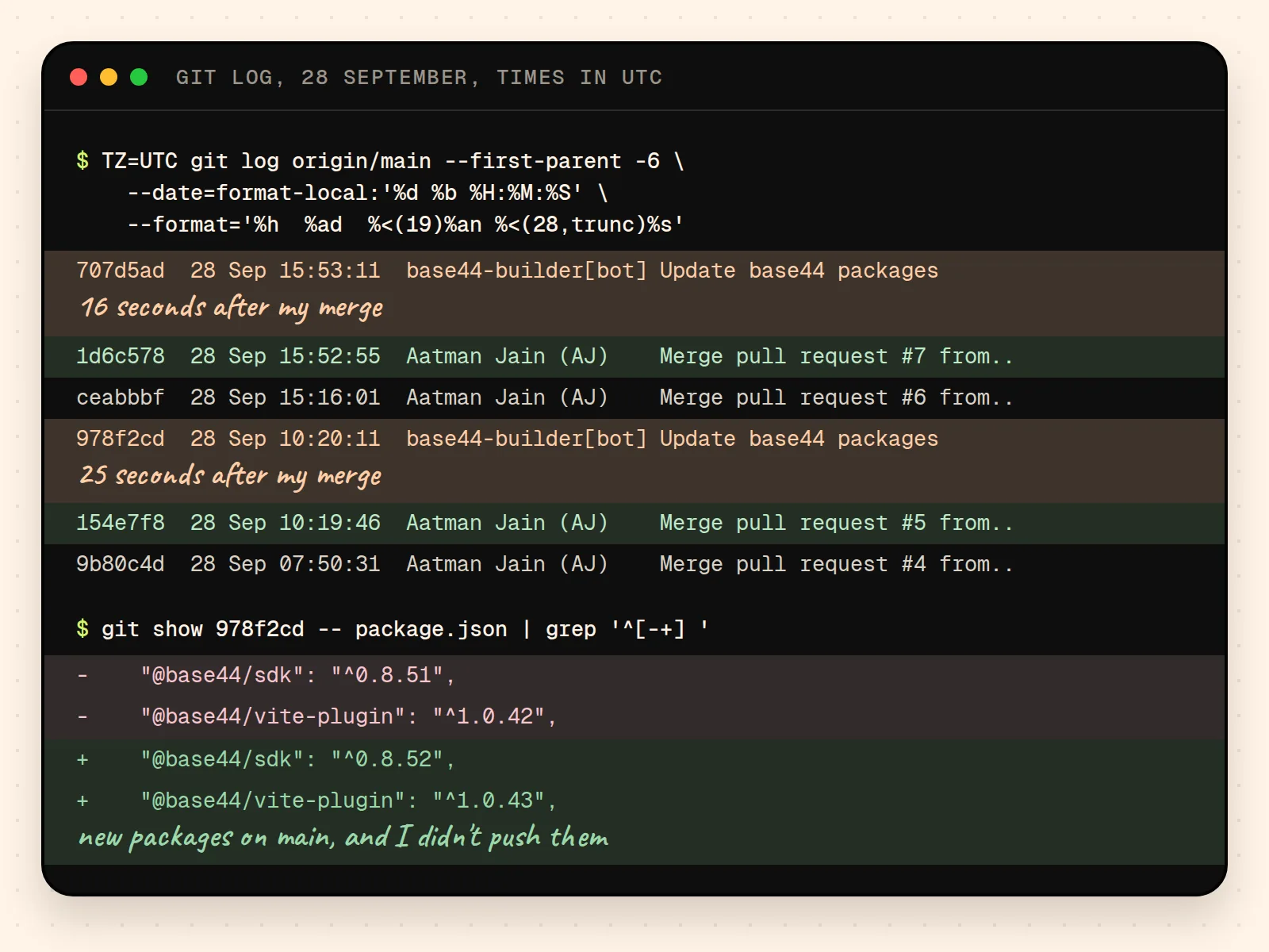 Real git log output for main on 28 September in UTC. My merges of pull requests 5 and 7 are each followed within 25 and 16 seconds by base44-builder[bot] commits called Update base44 packages. A git show of the first one shows the SDK going from 0.8.51 to 0.8.52 and the Vite plugin from 1.0.42 to 1.0.43