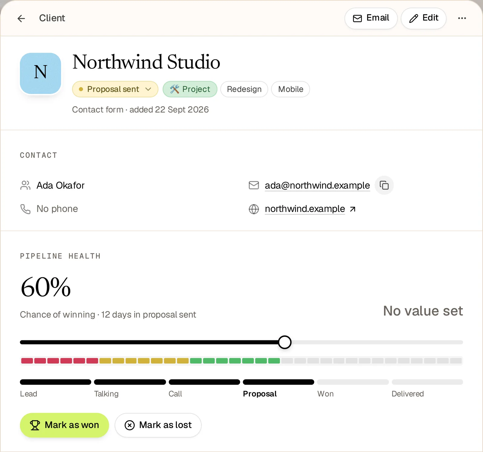 The client sheet for a made-up client: Proposal sent, a 60 percent chance of winning, no value set, a win chance slider, a stage track and Mark as won or lost buttons