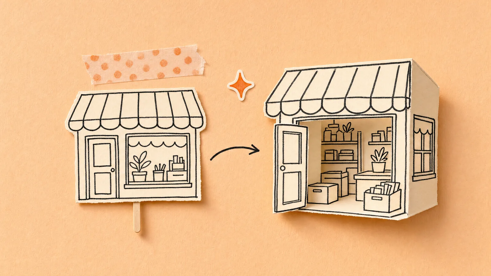 A flat paper shop front propped up on a stick, with an arrow to the same little shop as a real folded building with shelves and boxes inside, on peach paper.