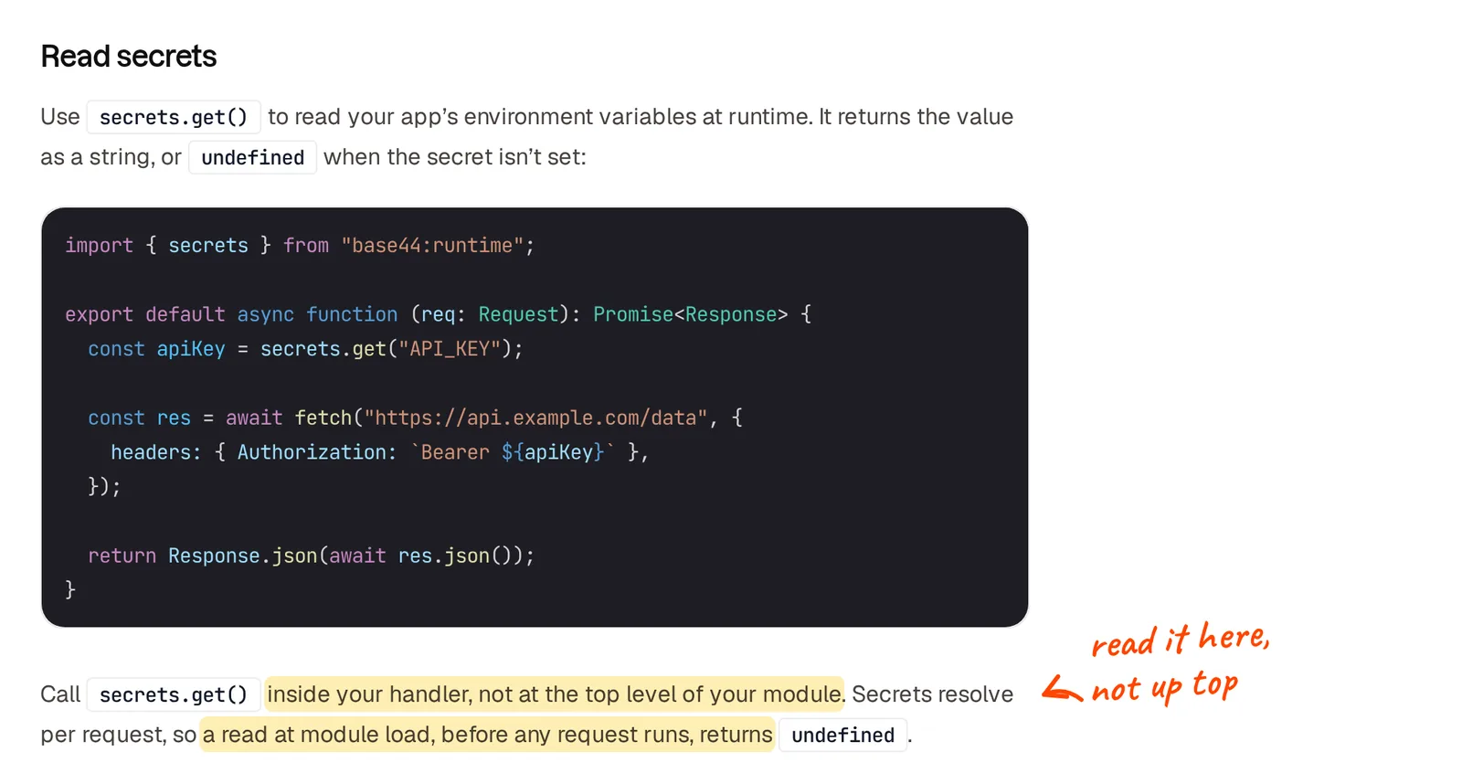 Base44's docs, Read secrets, highlighted: call secrets.get() inside your handler, not at the top level, because a read at module load returns undefined