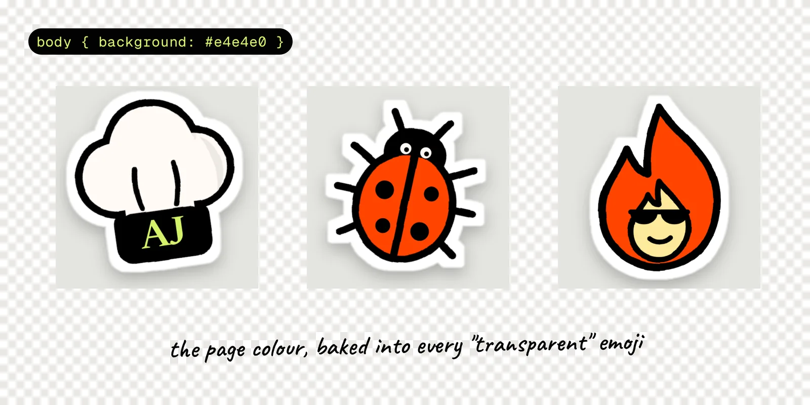 Three emojis rendered with a grey page background: each one sits on a grey square over a transparency checkerboard