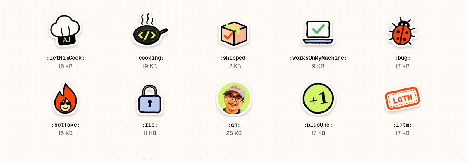 Ten 128 px emojis with their names and file sizes, from letHimCook to lgtm