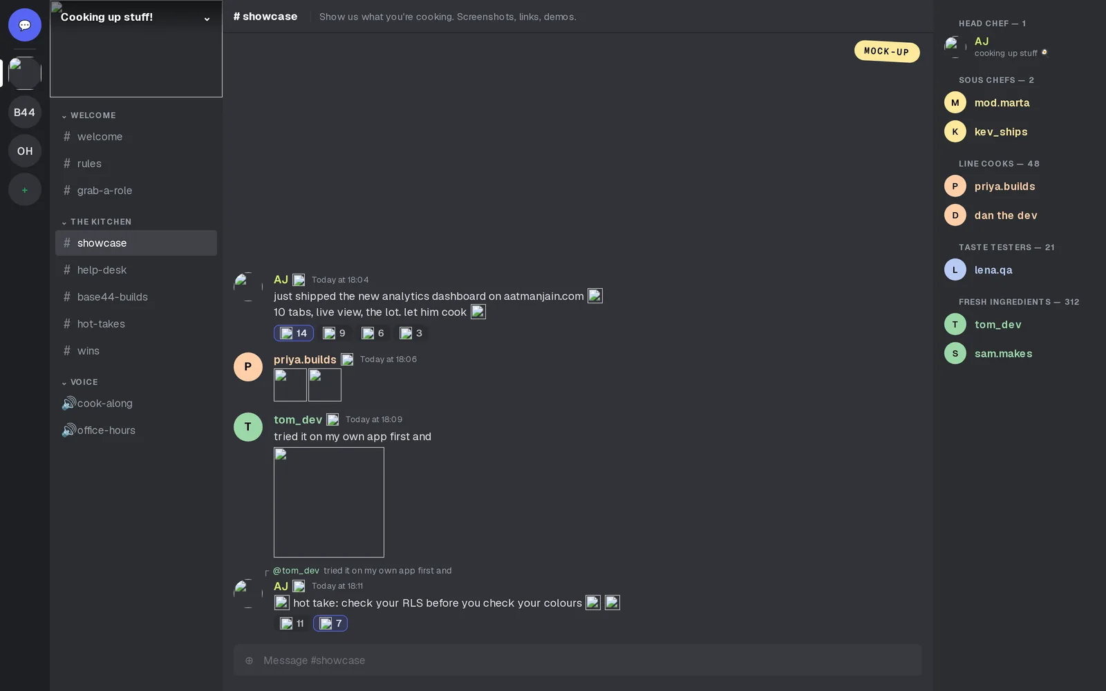 The Discord-style mock-up after a first run from scratch: the server icon, banner, emojis, sticker and role icons are all broken image placeholders