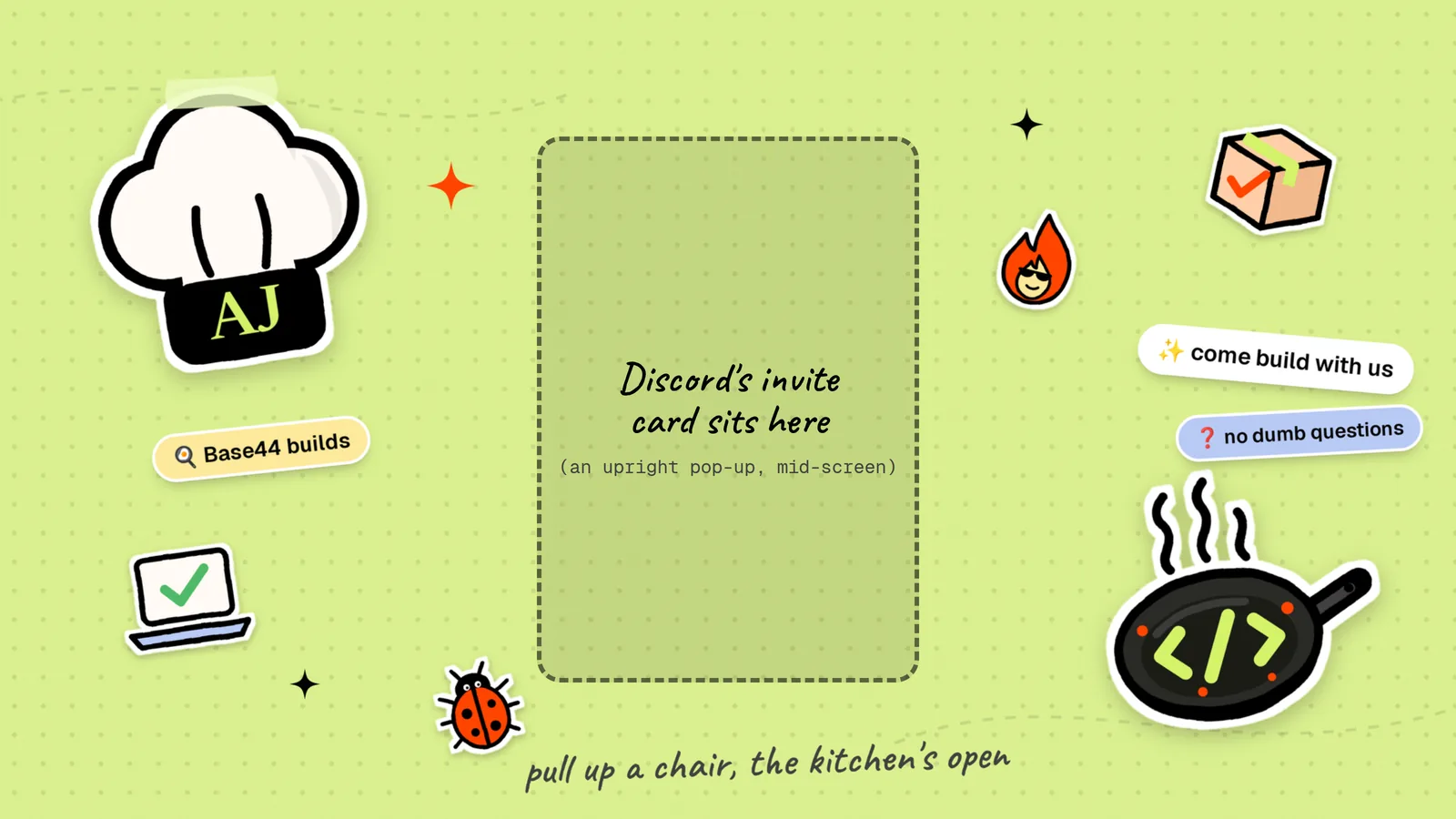 The invite background with a dashed box in the middle where the invite card sits, and stickers around the edges