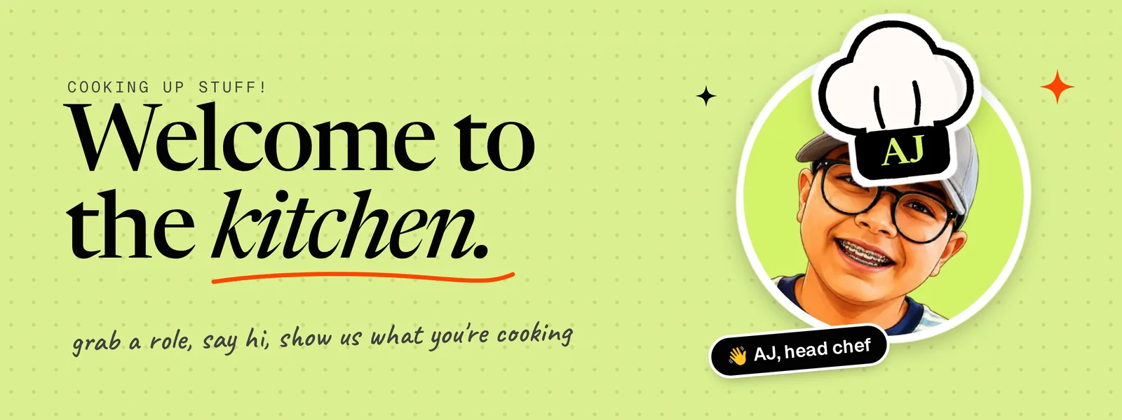 Welcome header: Welcome to the kitchen in big serif type, and my illustrated portrait in the AJ toque
