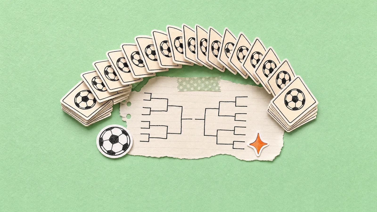 A deck of cards printed with footballs arcs through a shuffle over a notebook page with a sketched knockout bracket, on mint green paper.