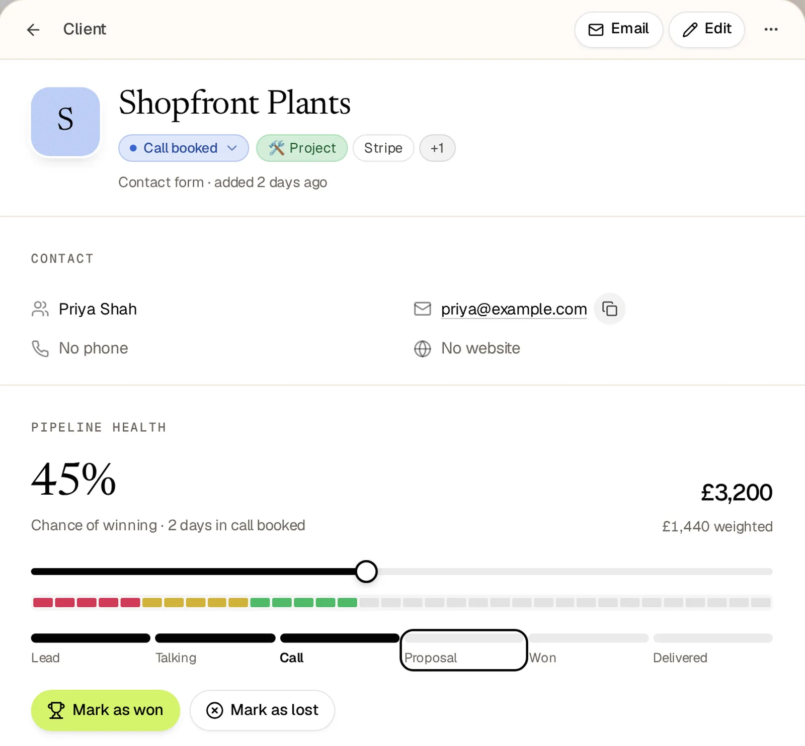 A client's sheet showing a 45% chance of winning, a slider, and a row of stage buttons from Lead to Delivered, with keyboard focus on Proposal