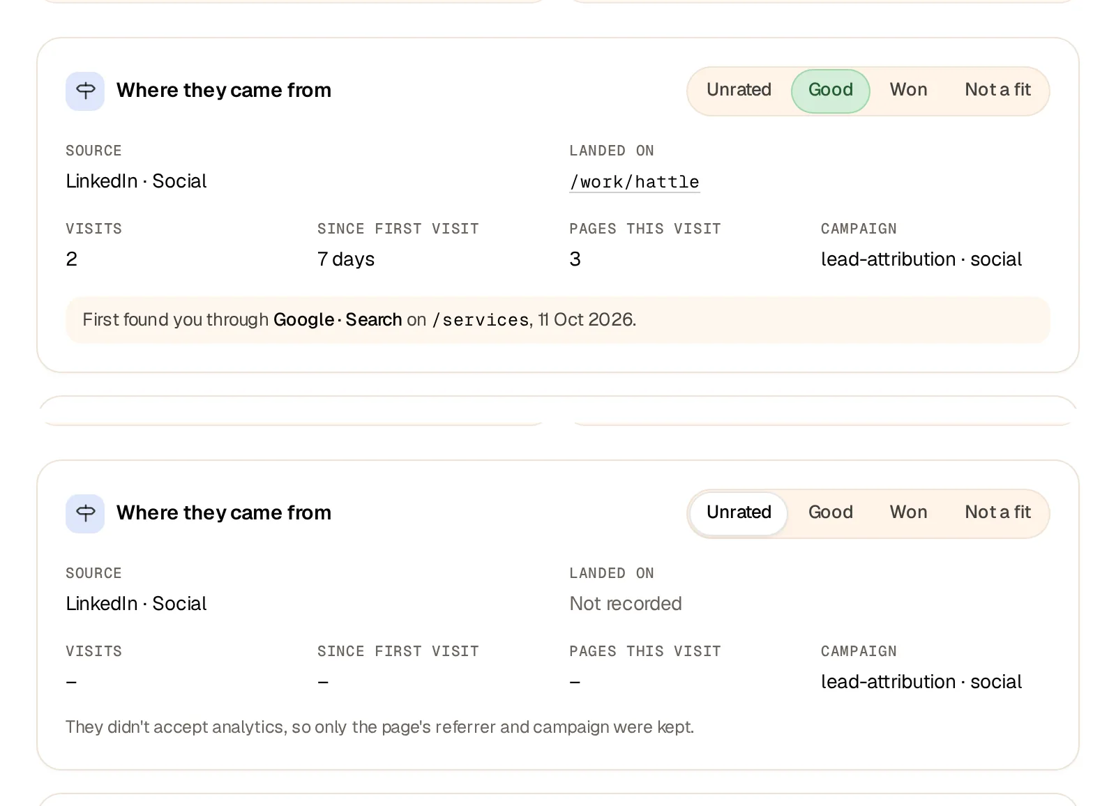 Two inbox cards titled Where they came from. The first, rated Good, shows LinkedIn Social, landed on /work/hattle, 2 visits, 7 days since the first, 3 pages, the campaign, and a first visit through Google Search. The second shows the same source and campaign, dashes for the rest, and a note that they didn't accept analytics.