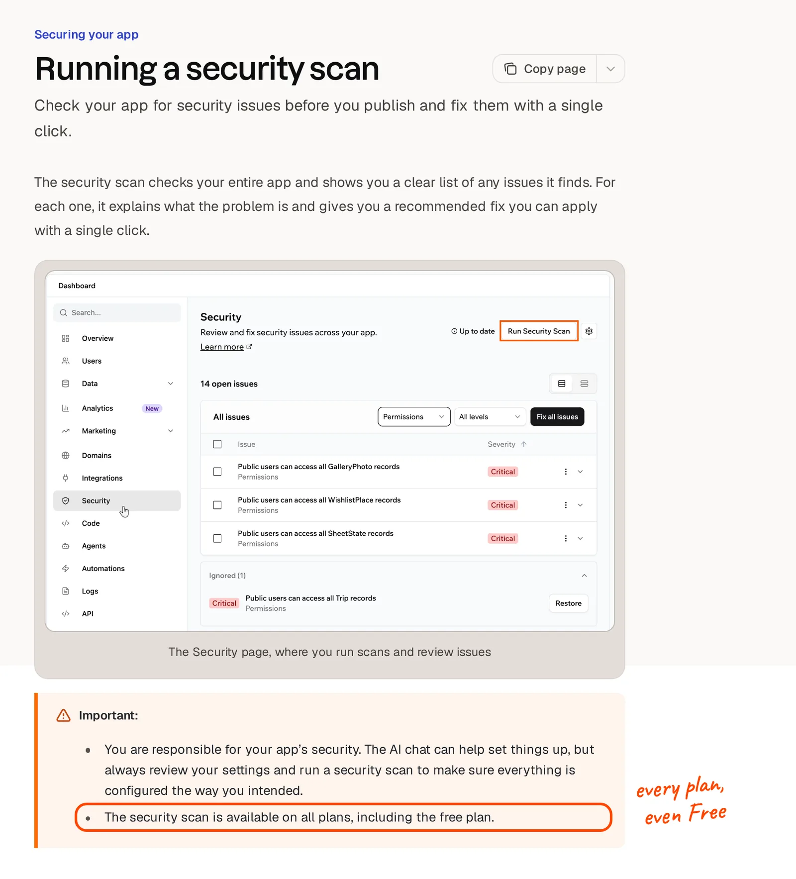 Base44's docs page for the security scan, showing open issues marked Critical