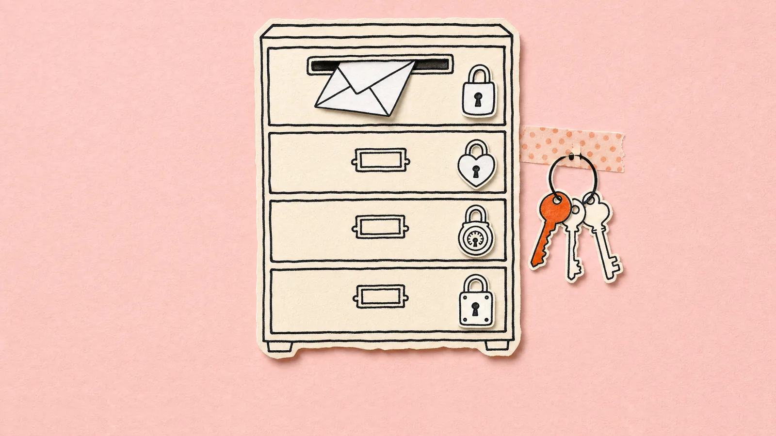 A cream filing cabinet on pink paper with a different padlock on every drawer, an envelope posted through a slot in the top drawer and a ring of keys.