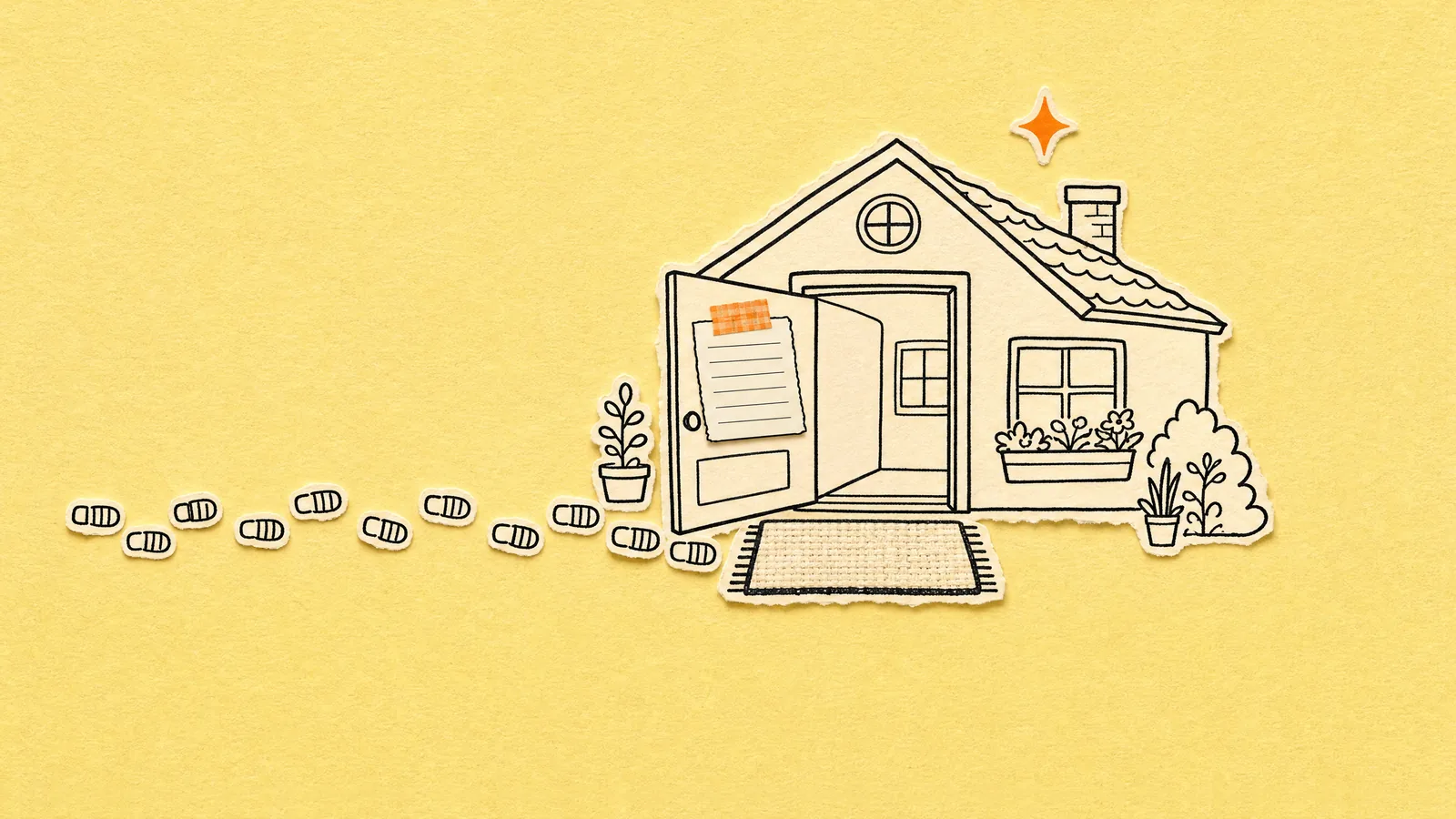 A trail of small robot footprints crosses marigold paper to a welcome mat outside a drawn house with its door open and a note taped to the door.