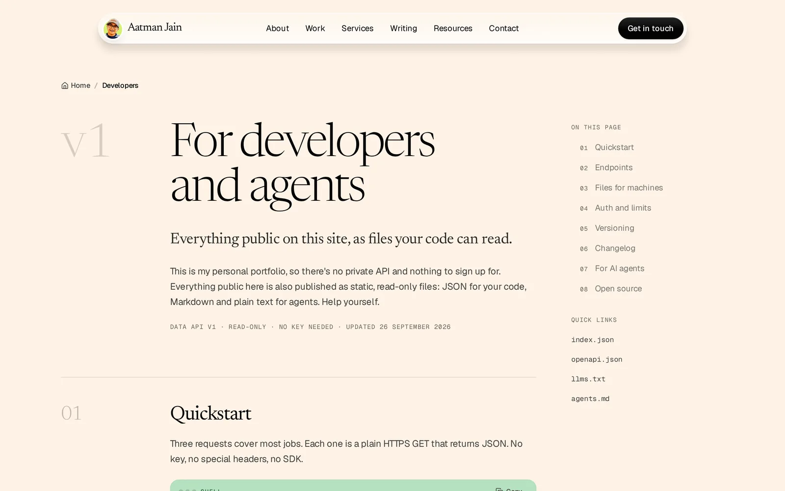 The top of the aatmanjain.com developers page: a large serif heading For developers and agents, a v1 marker and a Quickstart with three curl commands
