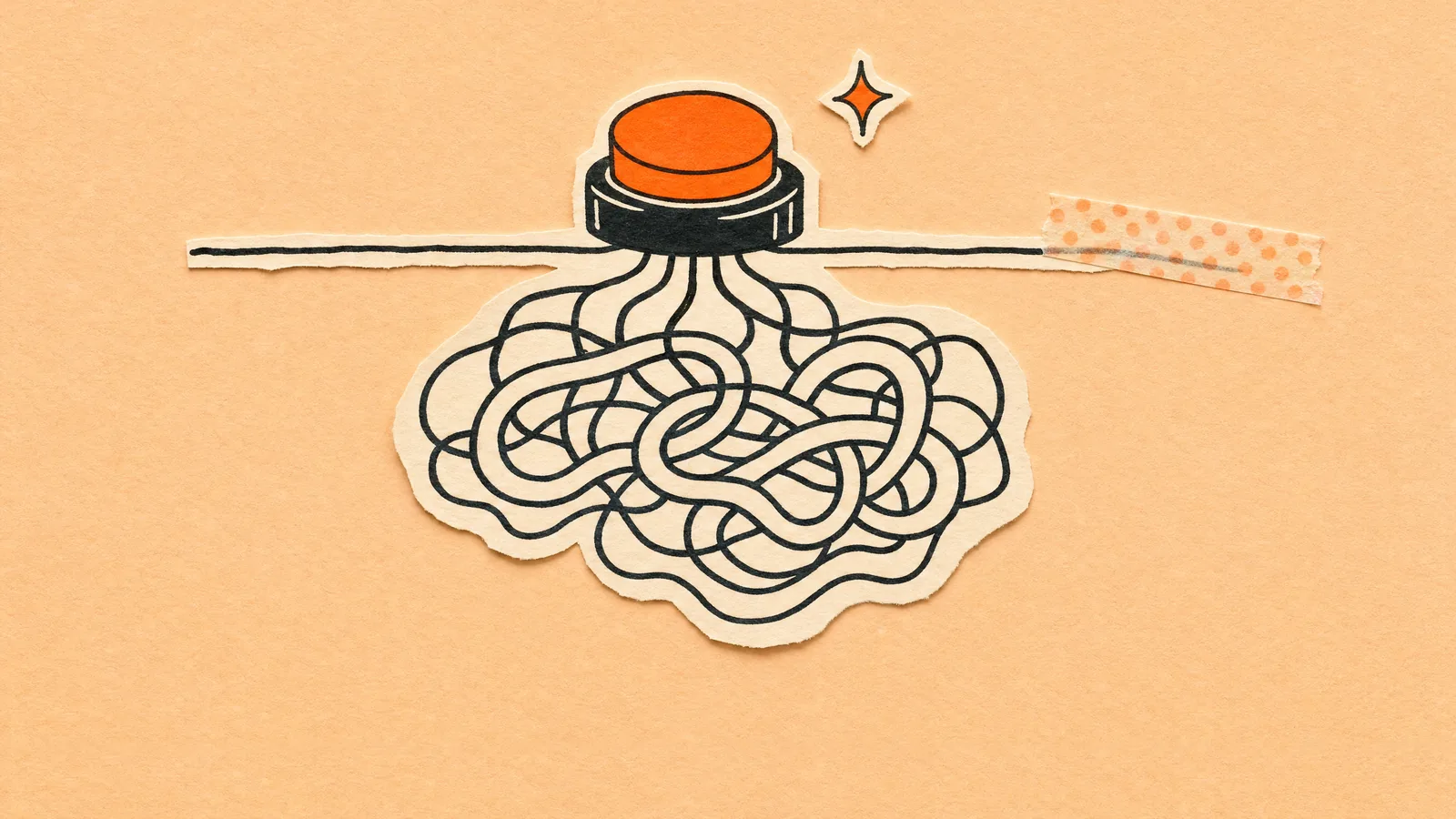 A big orange push button sits on a drawn ground line on peach paper, with a huge tangled knot of roots hidden underneath it.