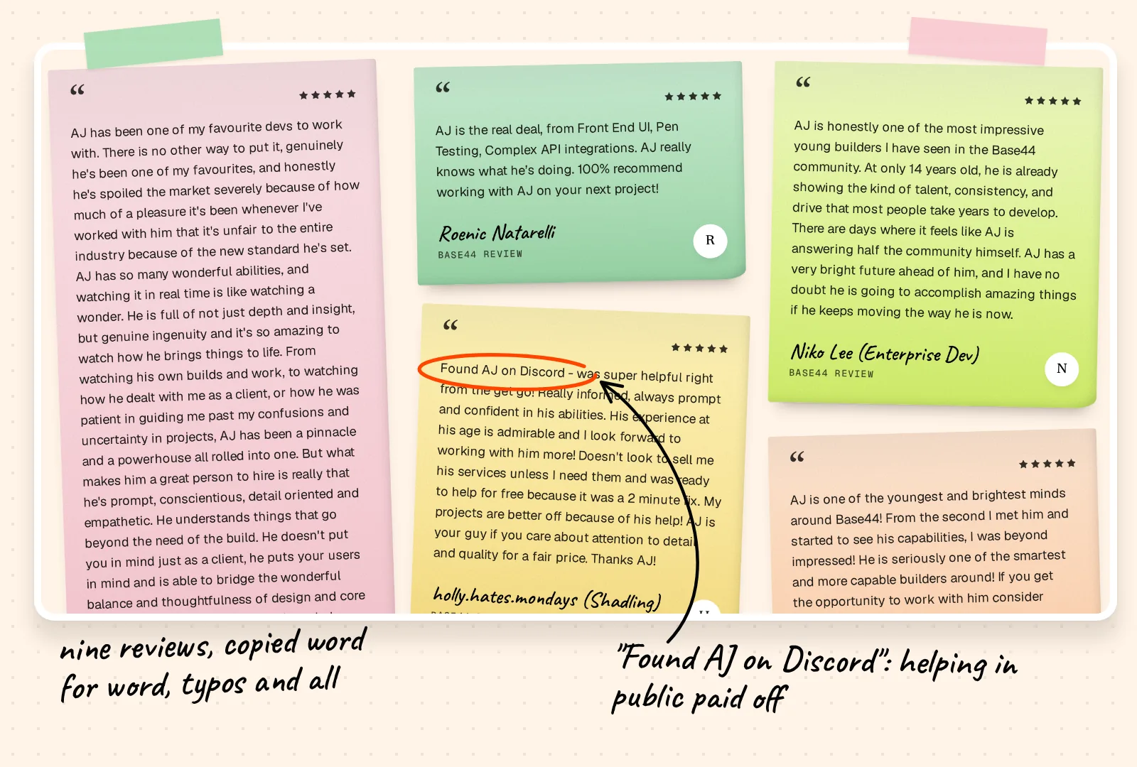 The reviews wall on my testimonials page, with sticky-note cards quoting Megan, Roenic Natarelli, Niko Lee, holly.hates.mondays and Sam Talarico word for word. The line Found AJ on Discord is circled.
