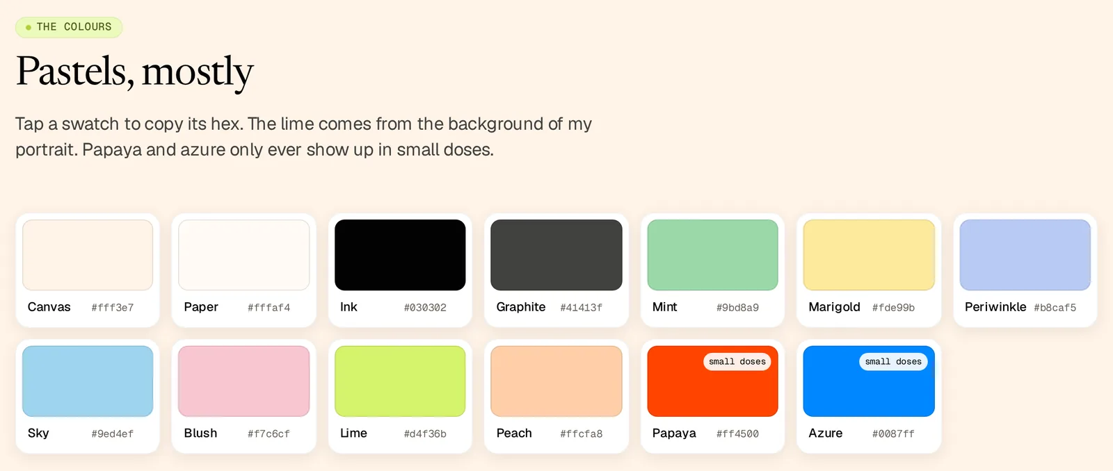 Thirteen colour swatches from canvas to azure, with papaya and azure tagged small doses