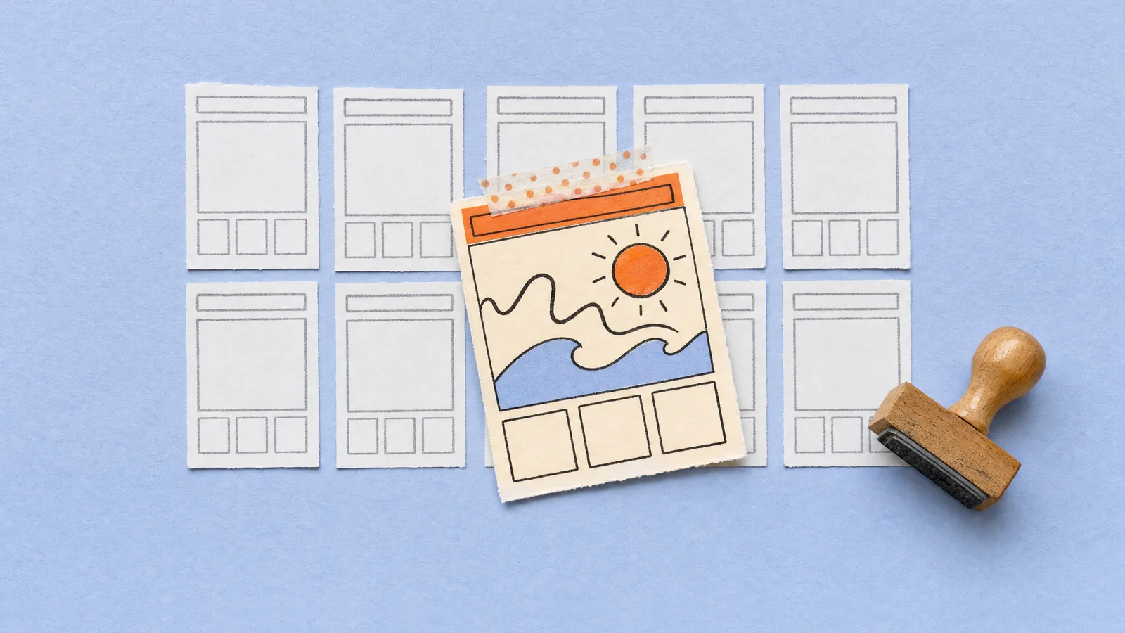 A grid of identical rubber stamped app screens on periwinkle paper, with one colourful handmade card showing a sun and waves taped over the top.