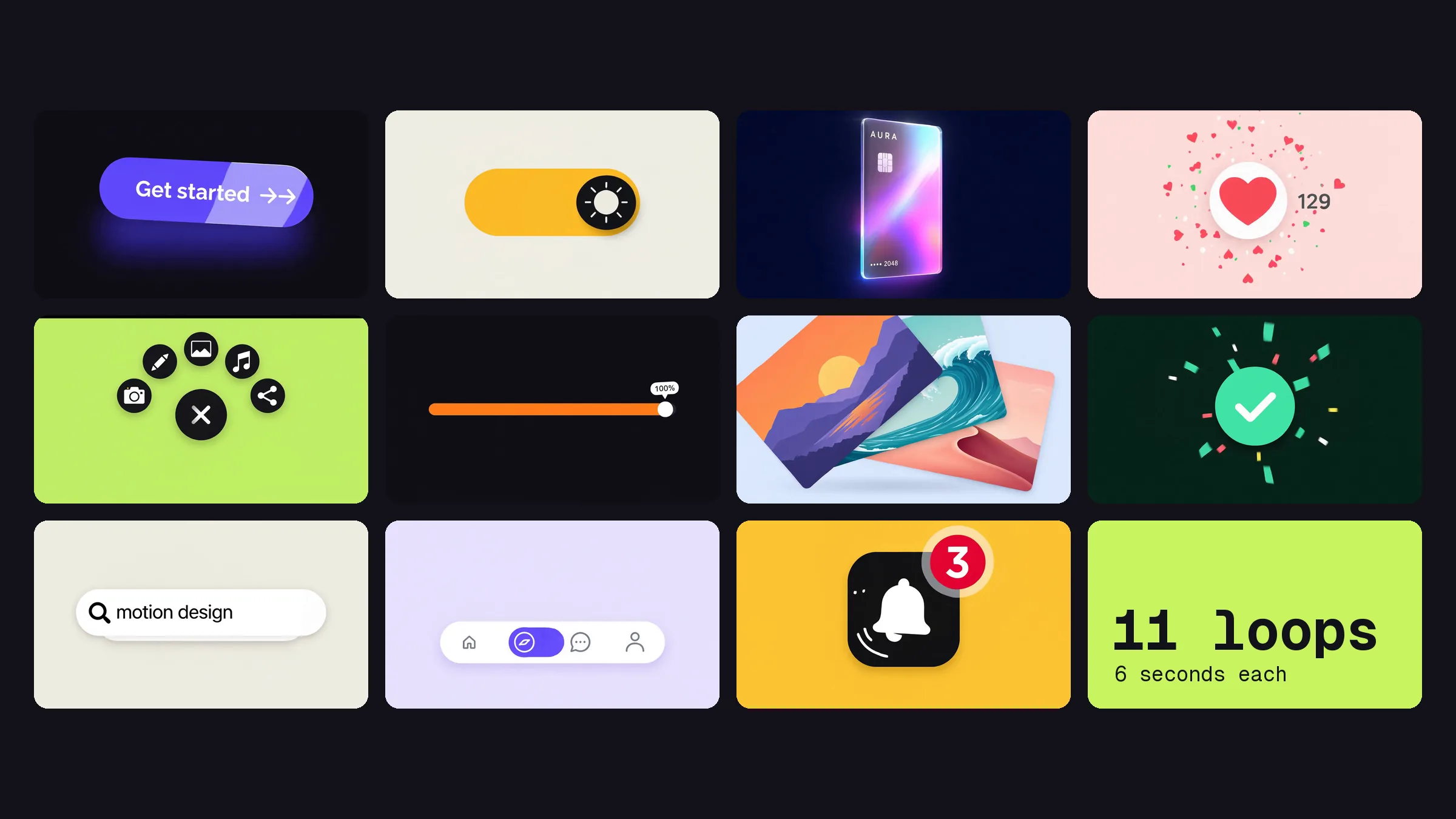Eleven interface moments on flat colour tiles in a grid: a violet Get started button, a moon toggle, a holographic card, a heart button, a menu button, an orange slider, a stack of photo cards, a Deploy button, a search button, a tab bar and a notification bell.