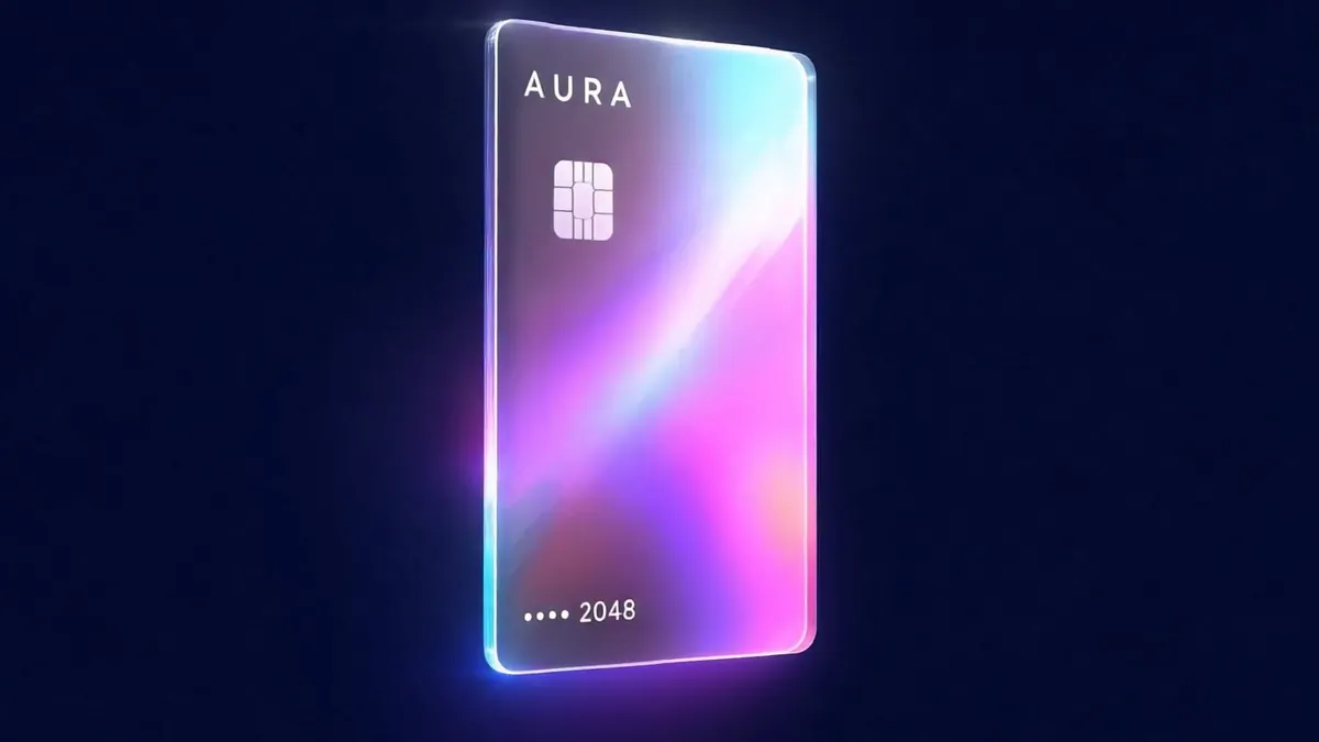 A frame from the holographic card loop: a glass card marked AURA, tilted, with its foil glowing pink, violet and cyan on midnight blue.