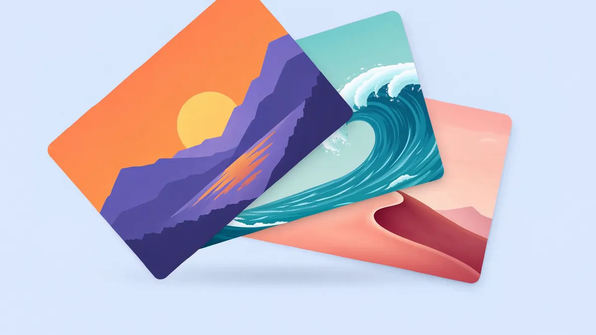 A frame from the card fan loop: three photo cards, a sunset, a wave and a pink dune, spread out like a hand of cards on pale blue.