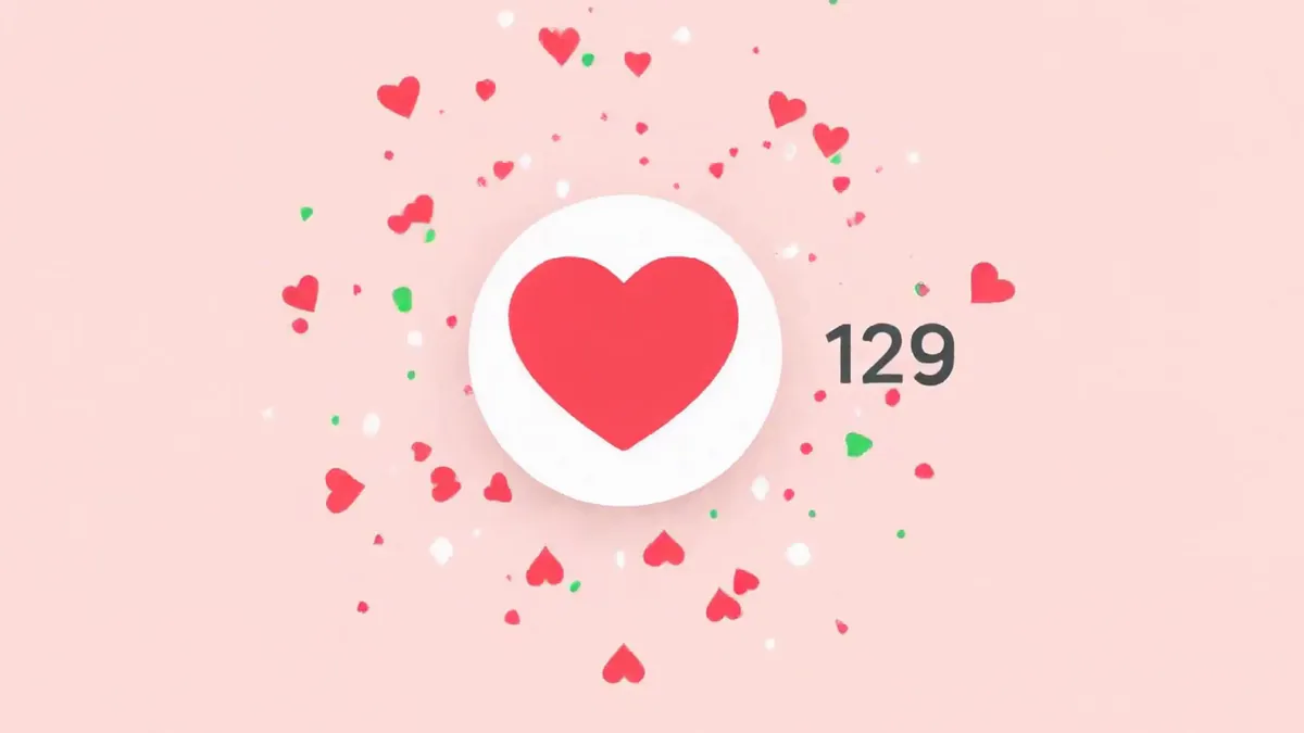 A frame from the like loop: a filled red heart in a white button with a burst of tiny hearts and confetti around it, and the counter at 129.