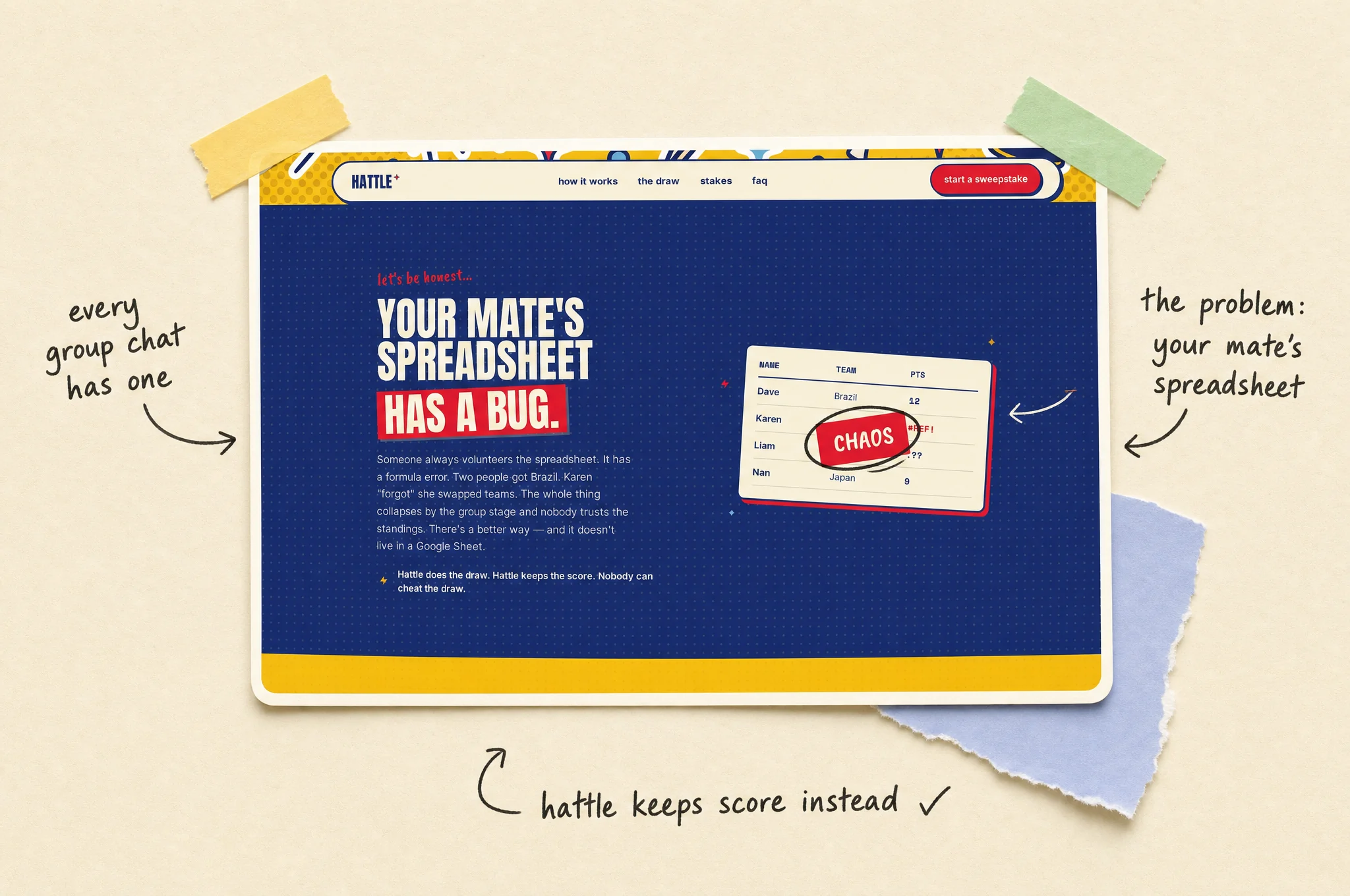 Hattle's your mate's spreadsheet has a bug section, pinned into a scrapbook page with notes saying every group chat has one, and Hattle keeps score instead.